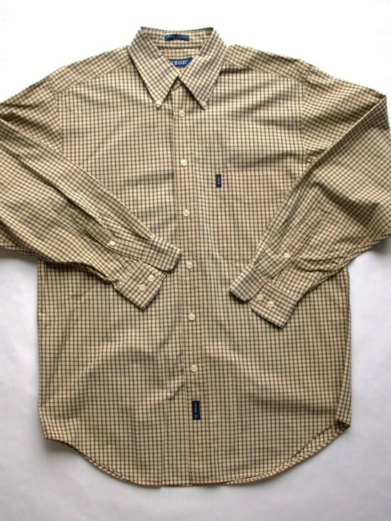 Izod Other - IZOD Cream & Navy Micro Tartan Plaid 100% Cotton Casual Shirt Button Down Collar